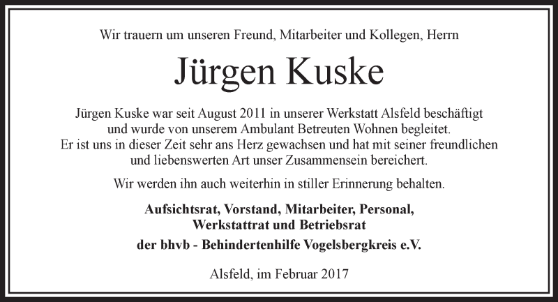  Traueranzeige für Jürgen Kuske vom 04.02.2017 aus VRM Trauer