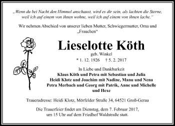 Traueranzeige von Lieselotte Köth von  Ried Echo