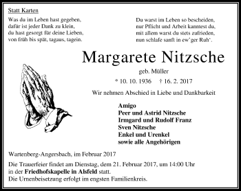 Traueranzeige von Margarete Nitzsche von VRM Trauer