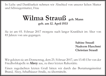 Traueranzeige von Wilma Strauß von Trauerportal Rhein Main Presse