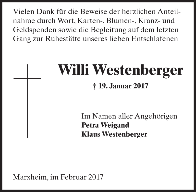  Traueranzeige für Willi Westenberger vom 10.02.2017 aus Trauerportal Rhein Main Presse