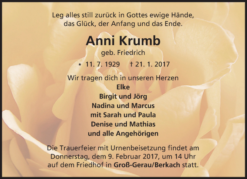  Traueranzeige für Anni Krumb vom 04.02.2017 aus Trauerportal Echo Online