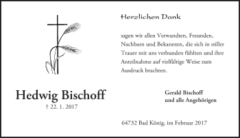 Traueranzeige von Hedwig Bischoff von Trauerportal Echo Online