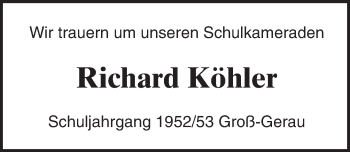 Traueranzeige von Richard Köhler von Trauerportal Echo Online