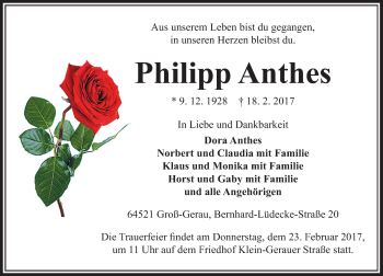 Traueranzeige von Philipp Anthes von Trauerportal Echo Online