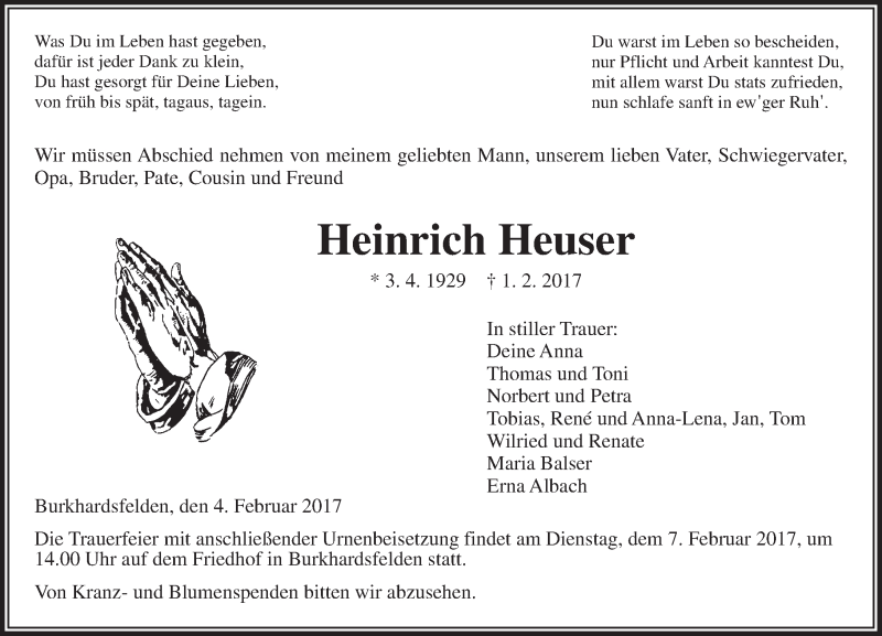  Traueranzeige für Heinrich Heuser vom 04.02.2017 aus  Gießener Anzeiger