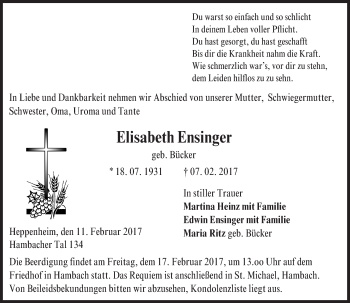Traueranzeige von Elisabeth Ensinger von Trauerportal Echo Online