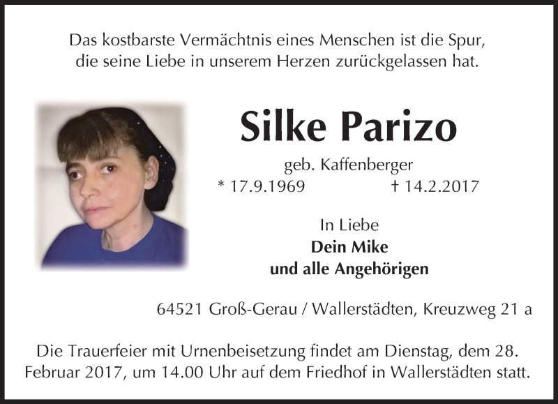  Traueranzeige für Silke Parizo vom 22.02.2017 aus Trauerportal Echo Online