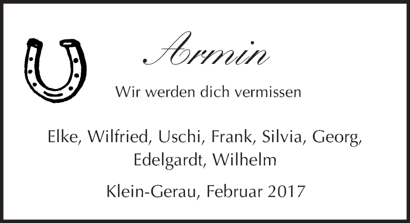  Traueranzeige für Armin  vom 15.02.2017 aus Trauerportal Echo Online