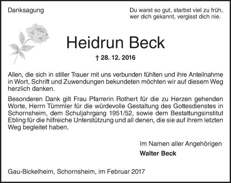  Traueranzeige für Heidrun Beck vom 18.02.2017 aus Trauerportal Rhein Main Presse