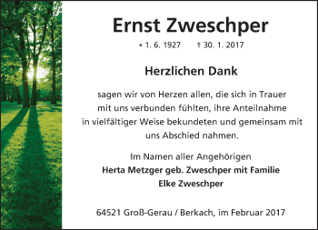 Traueranzeige von Ernst Zweschper von Trauerportal Echo Online