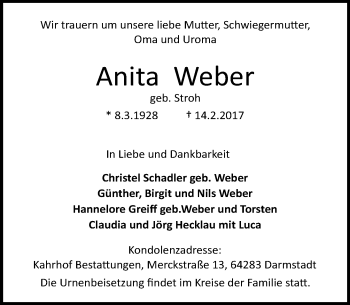 Traueranzeige von Anita Weber von Trauerportal Echo Online