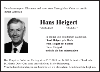 Traueranzeige von Hans Heigert von Trauerportal Rhein Main Presse