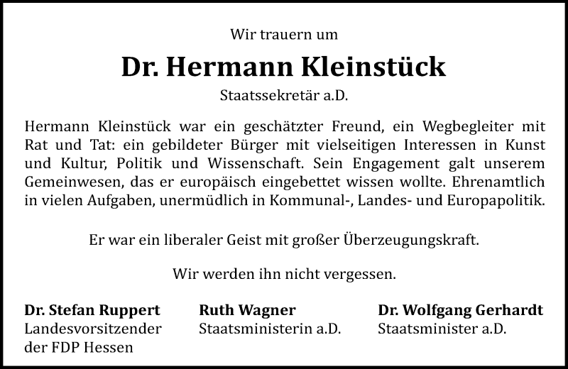  Traueranzeige für Hermann Kleinstück vom 04.02.2017 aus Trauerportal Echo Online
