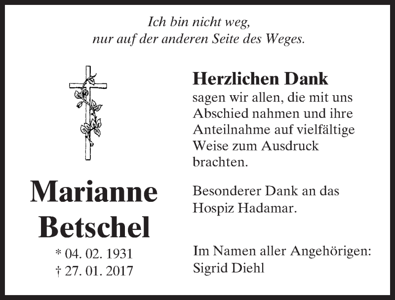  Traueranzeige für Marianne Betschel vom 23.02.2017 aus  Camberger Anzeiger