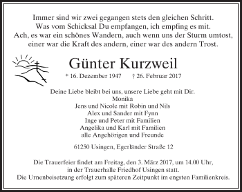 Traueranzeige von Günter Kurzweil von  Usinger Anzeiger