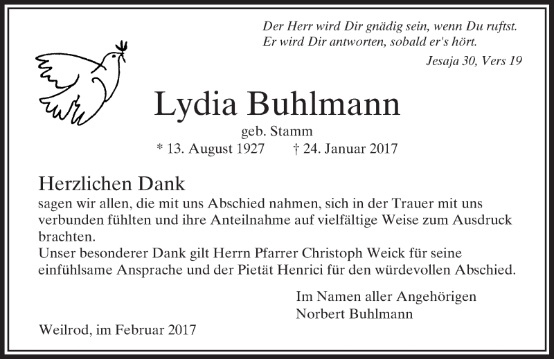  Traueranzeige für Lydia Buhlmann vom 11.02.2017 aus  Usinger Anzeiger
