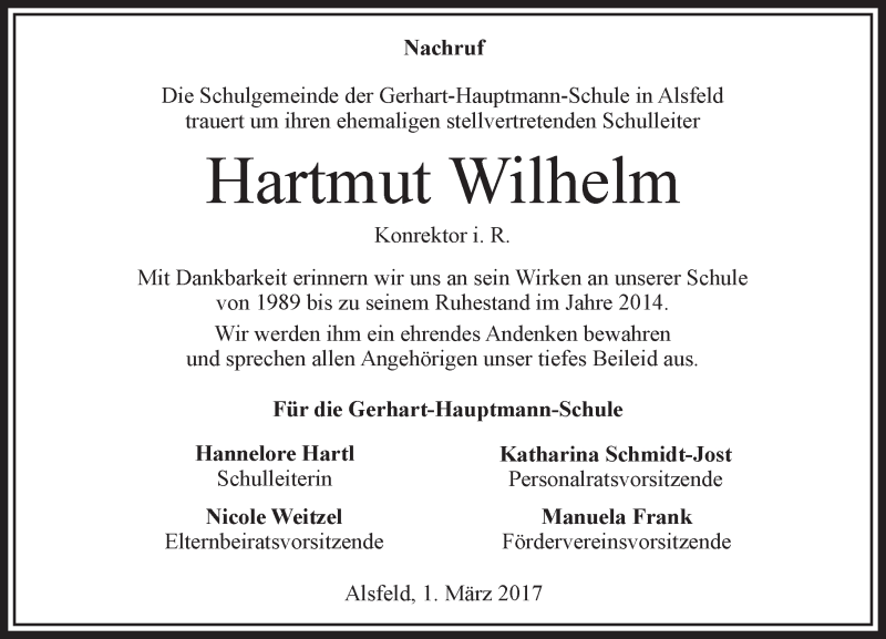  Traueranzeige für Hartmut Wilhelm vom 01.03.2017 aus VRM Trauer