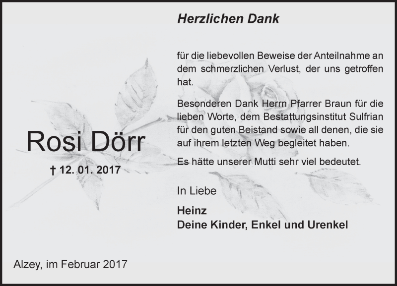  Traueranzeige für Rosi Dörr vom 04.02.2017 aus Trauerportal Rhein Main Presse