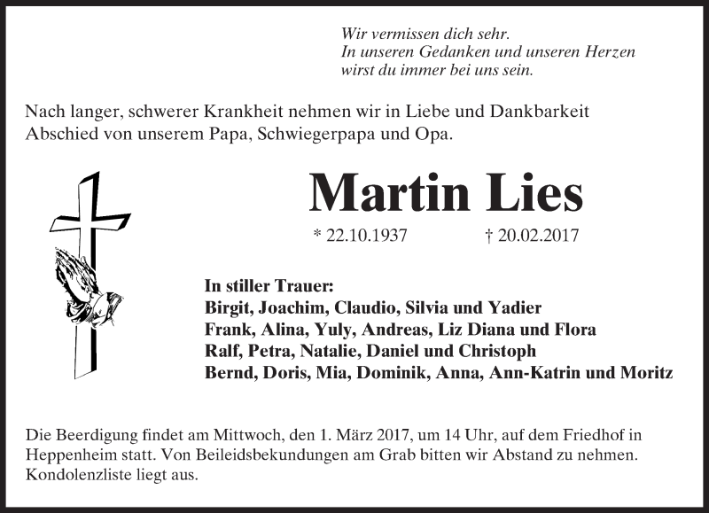  Traueranzeige für Martin Lies vom 25.02.2017 aus Trauerportal Echo Online