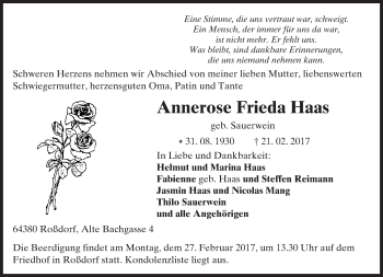 Traueranzeige von Annerose Frieda Haas von Trauerportal Echo Online
