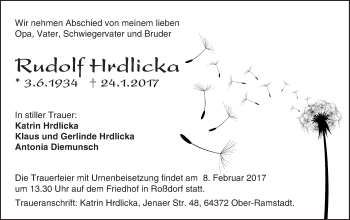 Traueranzeige von Rudolf Hrdlicka von Trauerportal Echo Online