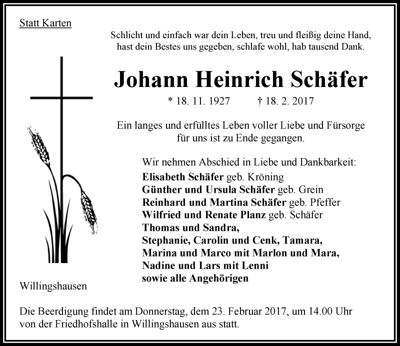  Traueranzeige für Johann Heinrich Schäfer vom 21.02.2017 aus VRM Trauer