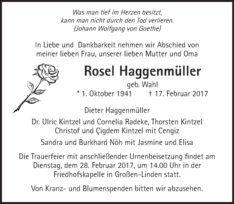  Traueranzeige für Rosel Haggenmüller vom 25.02.2017 aus  Gießener Anzeiger