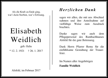 Traueranzeige von Elisabeth Weidlich von VRM Trauer