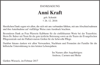 Traueranzeige von Anni Kraft von  Gießener Anzeiger