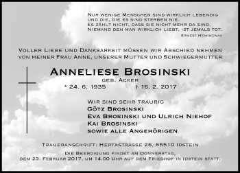 Traueranzeige von Anneliese Brosinski von Trauerportal Rhein Main Presse