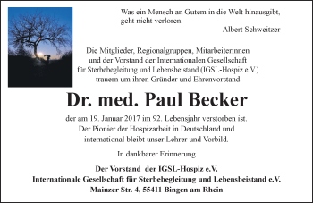 Traueranzeige von Paul Becker von Trauerportal Rhein Main Presse
