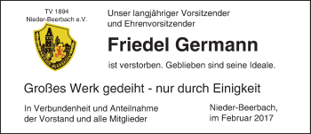 Traueranzeige von Friedel Germann von Trauerportal Echo Online