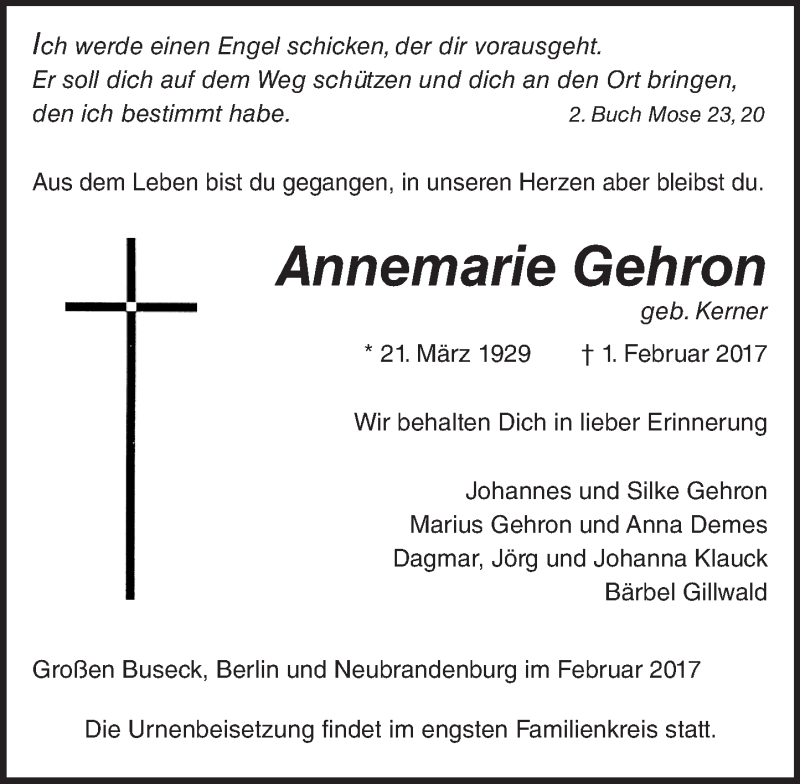  Traueranzeige für Annemarie Gehron vom 16.02.2017 aus  Kreisanzeiger