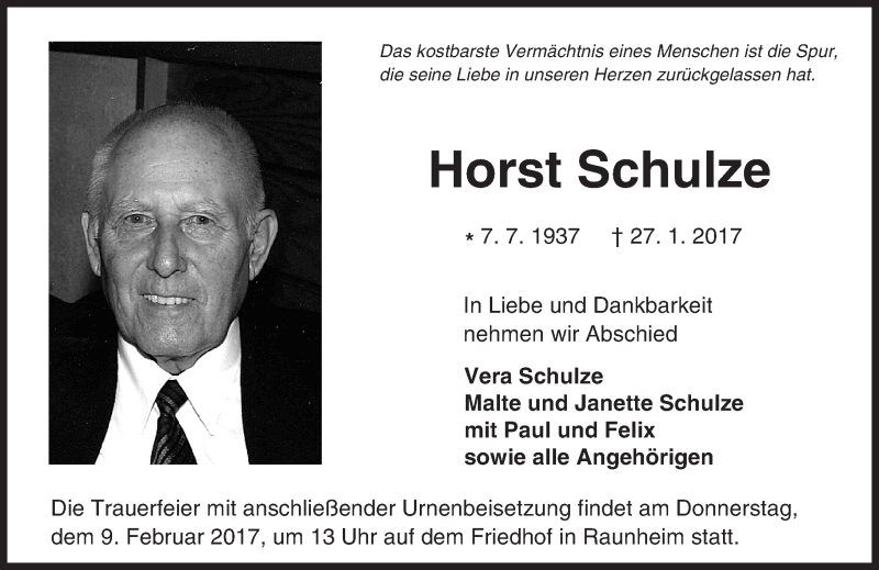  Traueranzeige für Horst Schulze vom 04.02.2017 aus Trauerportal Rhein Main Presse