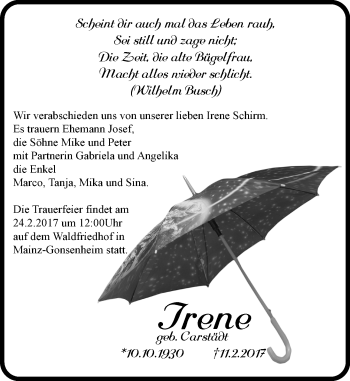 Traueranzeige von Irene Schirm von Trauerportal Rhein Main Presse