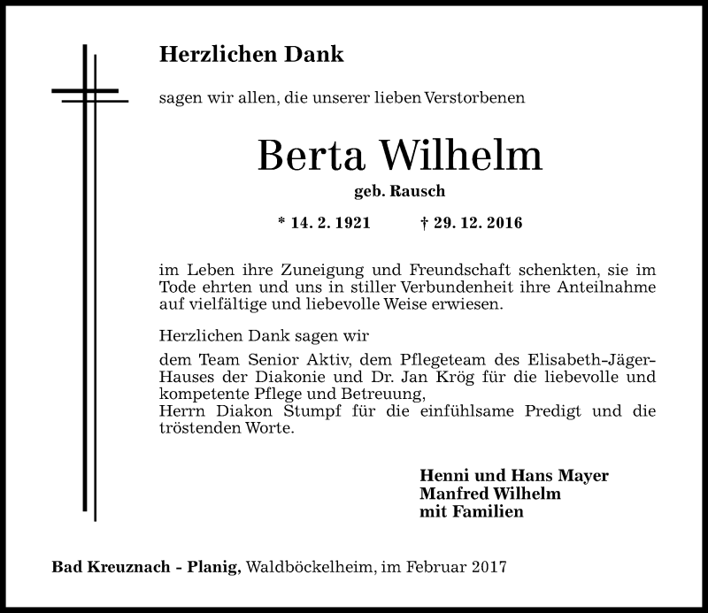  Traueranzeige für Berta Wilhelm vom 18.02.2017 aus Trauerportal Rhein Main Presse