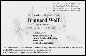 Traueranzeige von Irmgard Wolf von Trauerportal Rhein Main Presse