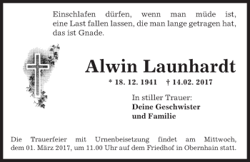Traueranzeige von Alwin Launhardt von  Usinger Anzeiger