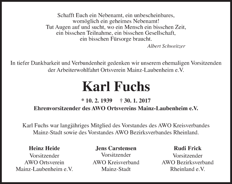  Traueranzeige für Karl Fuchs vom 11.02.2017 aus Trauerportal Rhein Main Presse