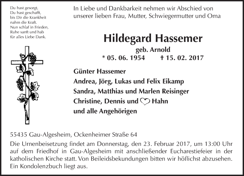  Traueranzeige für Hildegard Hassemer vom 20.02.2017 aus Trauerportal Rhein Main Presse