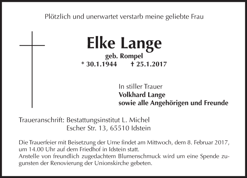  Traueranzeige für Elke Lange vom 04.02.2017 aus Trauerportal Rhein Main Presse
