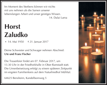 Traueranzeige von Horst Zaludko von Trauerportal Echo Online