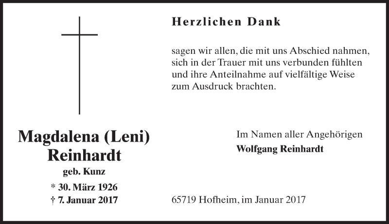  Traueranzeige für Magdalena Reinhardt vom 10.02.2017 aus Trauerportal Rhein Main Presse
