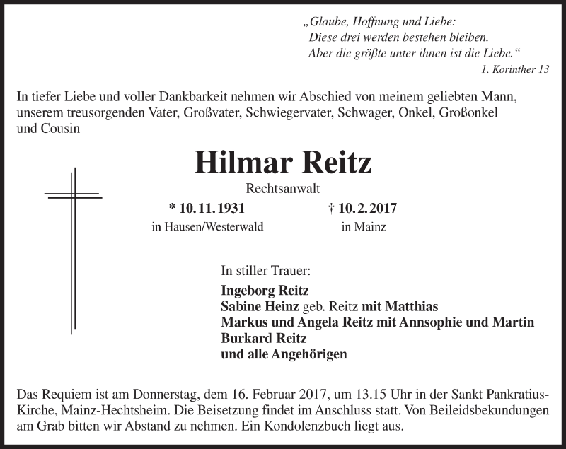  Traueranzeige für Hilmar Reitz vom 15.02.2017 aus Trauerportal Rhein Main Presse