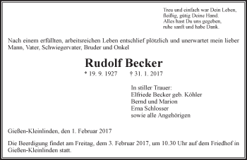 Traueranzeige von Rudolf Becker von  Gießener Anzeiger
