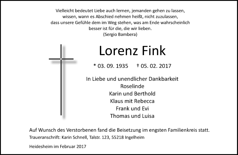  Traueranzeige für Lorenz Fink vom 11.02.2017 aus Trauerportal Rhein Main Presse
