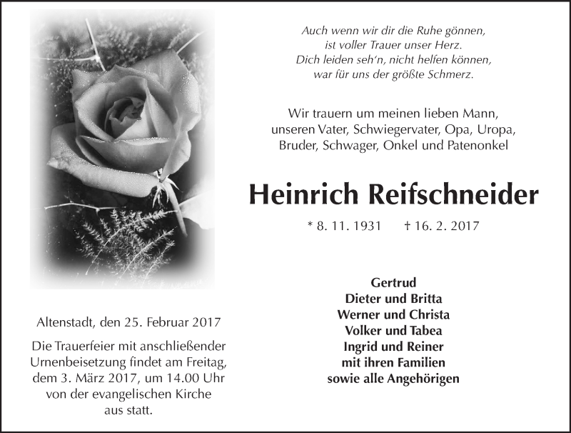  Traueranzeige für Heinrich Reifschneider vom 25.02.2017 aus  Kreisanzeiger