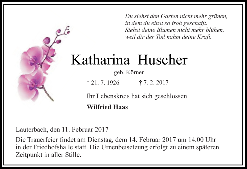  Traueranzeige für Katharina Huscher vom 11.02.2017 aus VRM Trauer