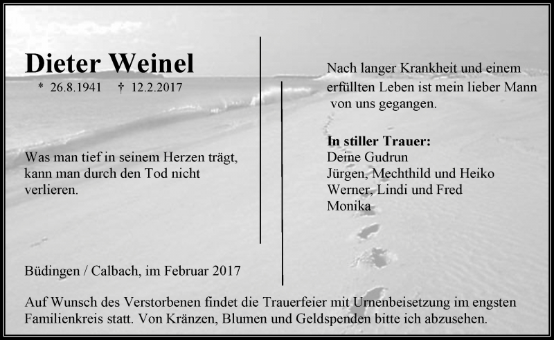  Traueranzeige für Dieter Weinel vom 25.02.2017 aus  Kreisanzeiger